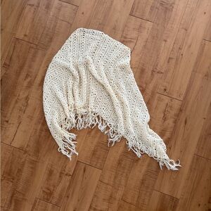 Cream Knit Crochet Fringe Shawl Summer Poncho
